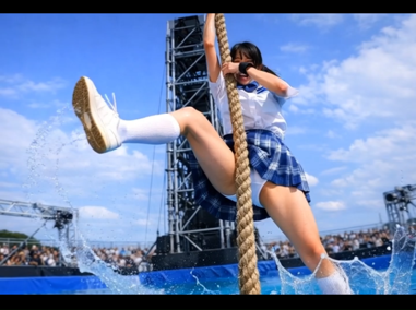 【ＡＩ動画】制服姿で行うプールの上でのロープ登り～プールに落ちて制服が・・・～ サンプル4